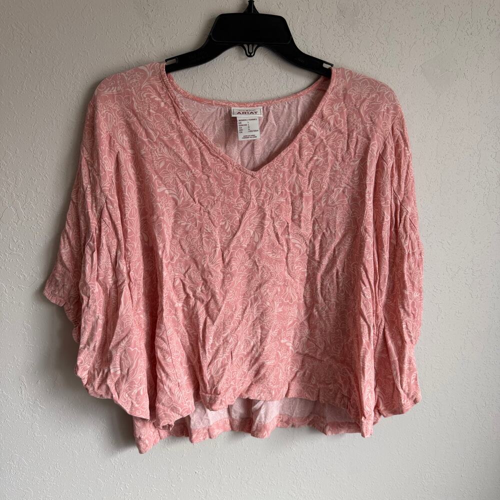 Ariat Pink Paisley Floral Laguna Flowy V-Neck Blouse Womens L Coastal Cowgirl
